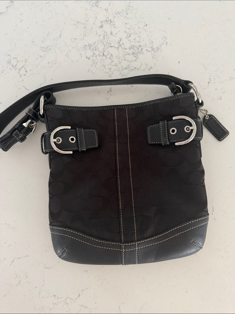 Y2K Vintage Coach Black Signature Shoulder Bag with Buckle Accents
